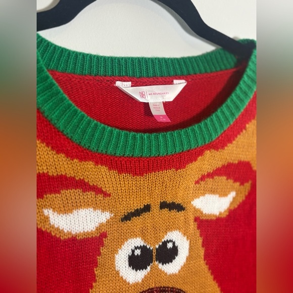 No Boundaries “Too Cute To Be Naughty” Reindeer Christmas Sweater Red Pullover - Picture 4 of 6